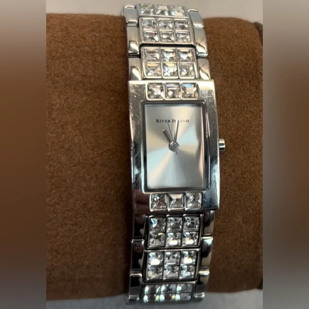 River Island Quartz Ladies rectangular crystal rhinestone cubic zirconia Watch